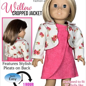 Peut inclure: Un patron de couture PDF pour une veste courte pour poupées de 45 cm. Le patron s'appelle "Willow Cropped Jacket" et est conçu pour s'adapter à des poupées comme American Girl. Le patron est facile à suivre et comprend des instructions pour faire des plis au dos de la veste.