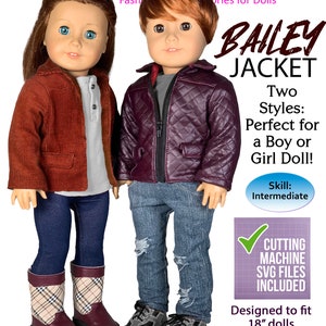 Modelli PDF per bambole da 18 pollici Bailey Motorcycle o Aviator Bomber Jacket Doll Sewing Pattern File SVG per Cricut Silhouette