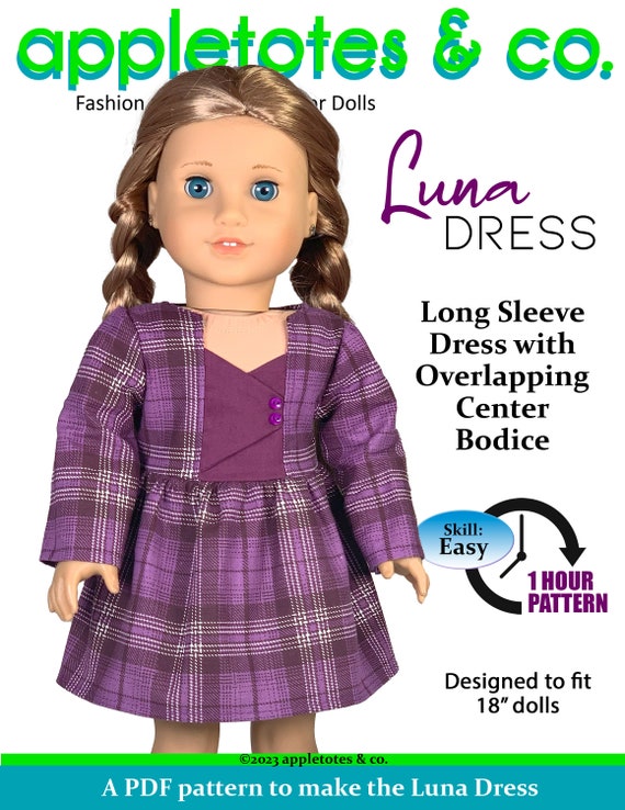 long sleeve doll dress pattern Luna Doll Dress PDF Pattern: Long Sleeve Outfit for 18