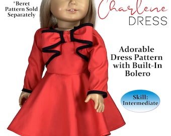 Könnte beinhalten: Ein PDF-Schnittmuster für ein rotes Kleid mit schwarzem Besatz und einem integrierten Bolero für 45,7 cm Puppen. Das Schnittmuster heißt "Charlene Dress" und wurde von appletotes & co. entworfen. Das Schnittmuster ist für ein mittleres Schwierigkeitslevel.