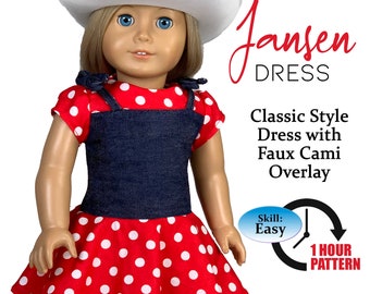 Puede incluir: Una muñeca con un vestido de lunares rojos y blancos con un corpiño de aspecto vaquero y un sombrero de vaquero blanco. El vestido está diseñado para muñecas de 45,7 cm. La imagen incluye el texto "Jansen Dress" y "Classic Style Dress with Faux Cami Overlay."