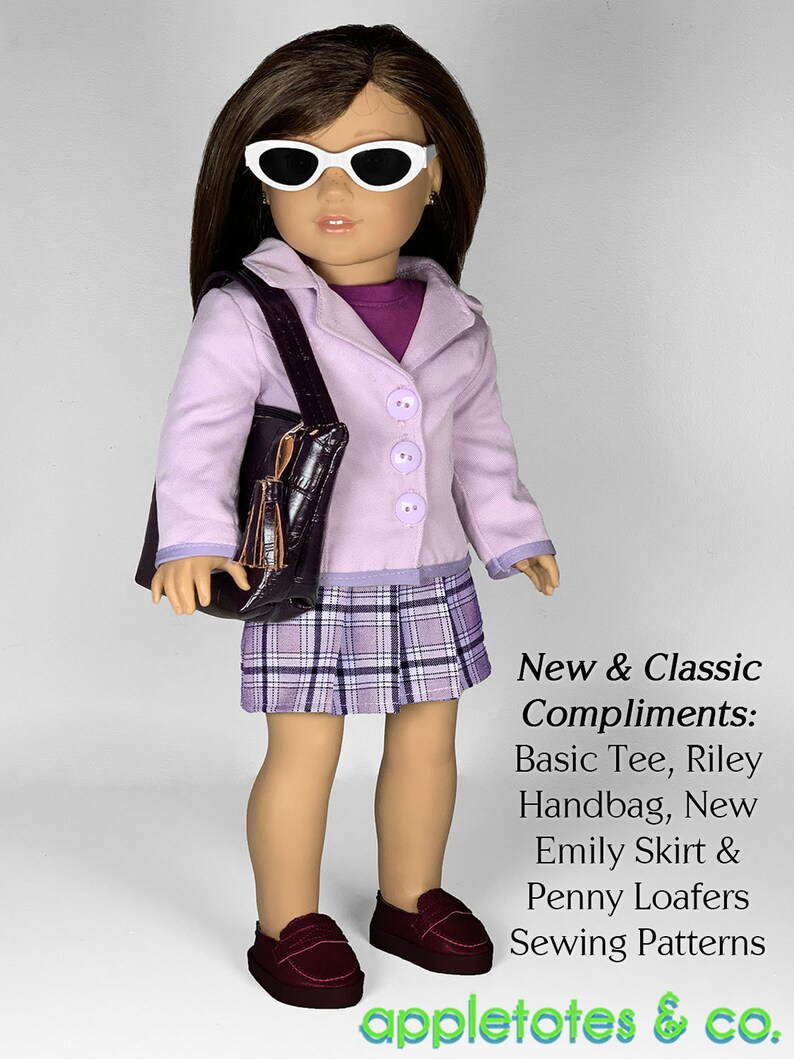 May include: A doll wearing a lavender blazer, a plaid skirt, and burgundy loafers. The doll is holding a brown handbag with a tassel. The text "New & Classic Compliments: Basic Tee, Riley Handbag, New Emily Skirt & Penny Loafers Sewing Patterns appletotes & co." is printed below the doll.