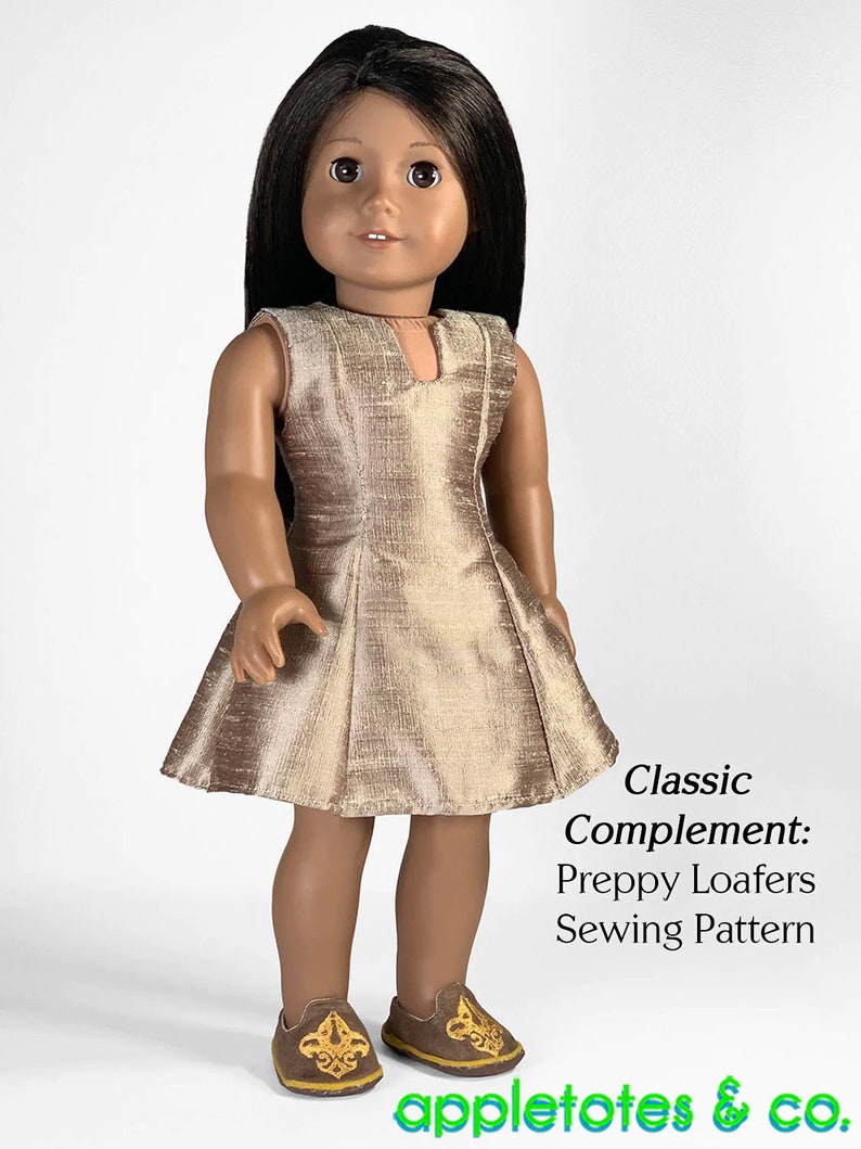 May include: A doll wearing a gold sleeveless dress and brown loafers with gold accents. The text "Classic Complement: Preppy Loafers Sewing Pattern" is below the doll. The text "appletotes & co." is at the bottom of the image.