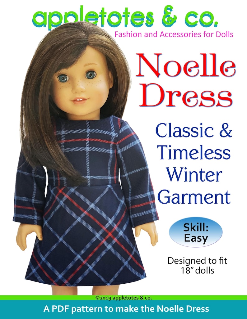 May include: A PDF pattern to make a Noelle Dress for 18 inch dolls. The dress is a classic and timeless winter garment with a plaid pattern in blue, red, and white. The skill level is easy.