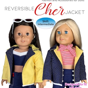 May include: A PDF pattern for a reversible jacket for 18-inch dolls. The jacket is yellow and blue with white polka dots. The pattern is designed for intermediate sewing skill.