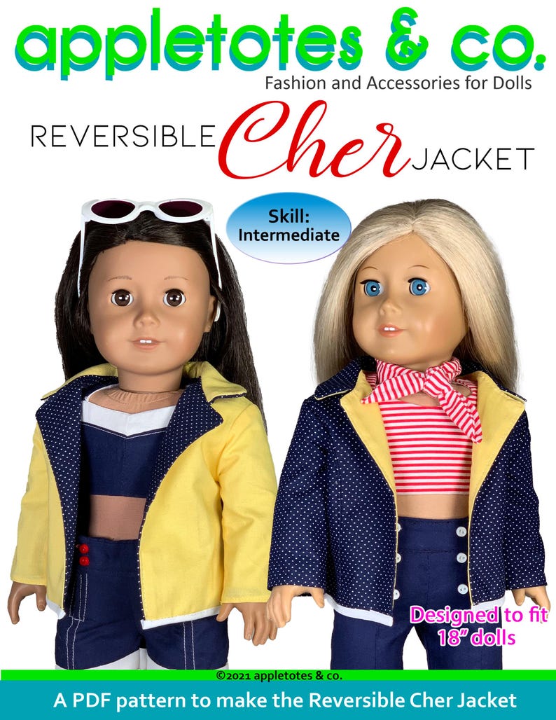 May include: A PDF pattern for a reversible jacket for 18-inch dolls. The jacket is yellow and blue with white polka dots. The pattern is designed for intermediate sewing skill.