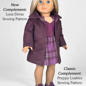 May include: A doll with blonde hair wearing a dark purple coat over a purple plaid dress and purple patterned loafers. Text reads: New Complement: Luna Dress Sewing Pattern, Classic Complement: Preppy Loafers Sewing Pattern, appletotes & co.