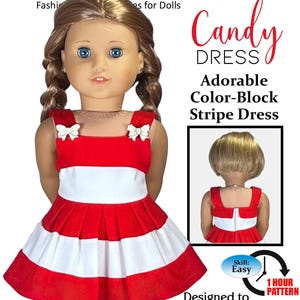 Może przedstawiać: Wzór szycia PDF do uszycia czerwono-białej sukienki dla lalki o wysokości 45 cm. Wzór nosi nazwę "Candy Dress" i jest opisany jako łatwy projekt, który można wykonać w ciągu godziny. Wzór zawiera projekt z bloków kolorów i jest odpowiedni dla lalki o wysokości 45 cm.