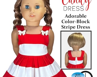 Könnte beinhalten: Ein PDF-Schnittmuster zum Nähen eines rot-weiß gestreiften Kleides für eine 45 cm große Puppe. Das Schnittmuster heißt "Candy Dress" und wird als einfaches, einstündiges Projekt beschrieben. Das Schnittmuster beinhaltet ein Farbblock-Design und ist für eine 45 cm große Puppe geeignet.