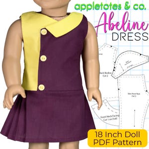 Könnte beinhalten: Ein Puppenkleid in Lila und Gelb mit einem plissierten Rock und einem gelben Kragen. Das Kleid hat drei Knöpfe. Das Bild enthält den Text "Abeline DRESS" und "18 Inch Doll PDF Pattern".