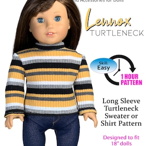 18 Inch Doll Patterns Lennox Turtleneck T shirt Sweater for 18 inch Clothes Sewing PDF Pattern Long Sleeve FREE BONUS pattern