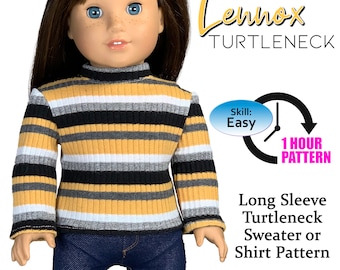 Puede incluir: Un patrón PDF para hacer un suéter de cuello alto a rayas para una muñeca de 46 cm. El patrón se llama "Lennox Turtleneck" y se describe como fácil de hacer en una hora.