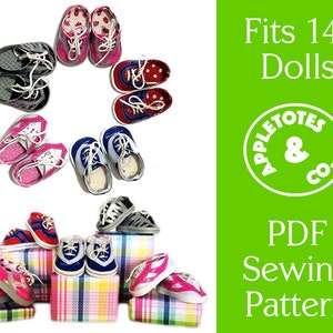 Puede incluir: Un patrón de costura PDF para hacer zapatillas para muñecas de 35,5 cm. El patrón es de Appletotes & Co. y presenta una variedad de zapatillas de colores.