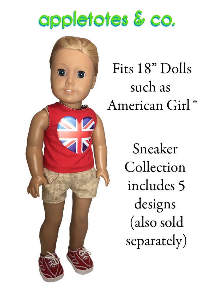 May include: A red sleeveless shirt with a Union Jack heart design, beige shorts, and red sneakers. The doll is wearing the outfit and is 18 inches tall. Fits 18" Dolls such as American Girl&reg;. Sneaker Collection includes 5 designs (also sold separately).