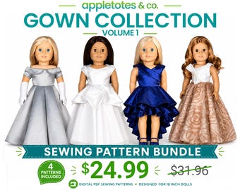 Puede incluir: La imagen muestra cuatro muñecas vestidas con elegantes vestidos. Los vestidos son de varios colores, incluyendo plata, blanco y azul. El texto "GOWN COLLECTION VOLUME 1" y "SEWING PATTERN BUNDLE" es visible. El paquete incluye 4 patrones para muñecas de 45.72 cm.