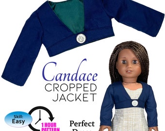 Könnte beinhalten: Ein PDF-Schnittmuster, um eine verkürzte Jacke für 45 cm Puppen zu nähen. Das Schnittmuster ist einfach zu befolgen und dauert etwa eine Stunde. Die Jacke ist die perfekte Ergänzung zu einem Kleid oder einer Bluse.