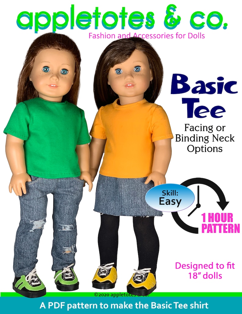 K&ouml;nnte beinhalten: Ein PDF-Schnittmuster, um ein Basic-T-Shirt f&uuml;r 45,7 cm gro&szlig;e Puppen zu n&auml;hen. Das Schnittmuster enth&auml;lt Anleitungen f&uuml;r eine Option mit Kragenbesatz oder mit Bindekragen. Das Schnittmuster ist einfach zu befolgen und kann in einer Stunde fertiggestellt werden.