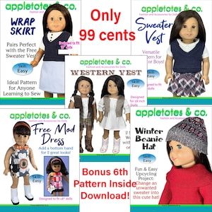 Patrón de costura en PDF para ropa de muñeca de 18 pulgadas: Vestido, chaleco, suéter y gorro (descargar)