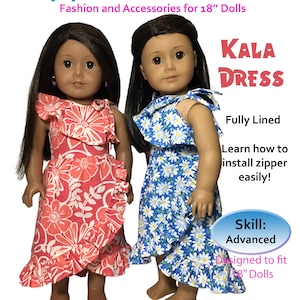May include: A PDF guide to make a Hawaiian inspired dress for 18 inch dolls. The dress is fully lined and features a floral print. The pattern includes instructions on how to install a zipper.