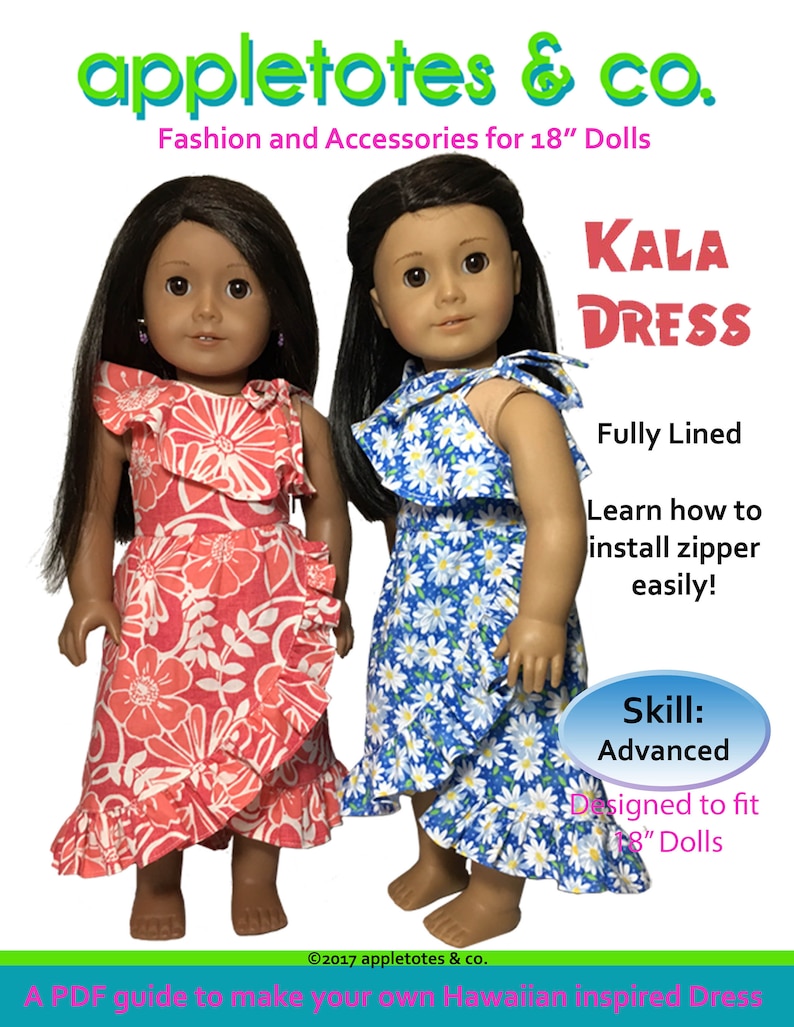 May include: A PDF guide to make a Hawaiian inspired dress for 18 inch dolls. The dress is fully lined and features a floral print. The pattern includes instructions on how to install a zipper.