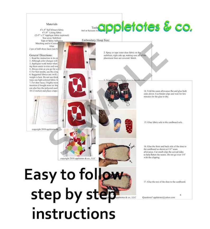 May include: A step-by-step guide for making fabric doll shoes. The instructions include materials, tools, and a visual guide for each step. The guide includes text that says "Easy to follow step by step instructions".