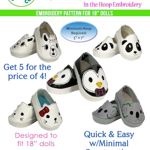 ITH ballerina Flats Embroidery Pattern Animal Flats 2 Shoes 5 Designs Dolls Pattern for 18" Dolls Mary Janes FREE BONUS patterns