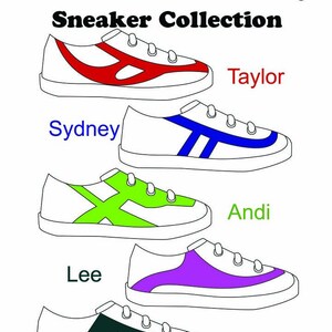 May include: Five pairs of sneakers with different colored accents. The sneakers are white with black outlines and laces. The accents are red, blue, green, purple, and black. The names of each sneaker are written below them: Sydney, Taylor, Lee, Andi, and Morgan.