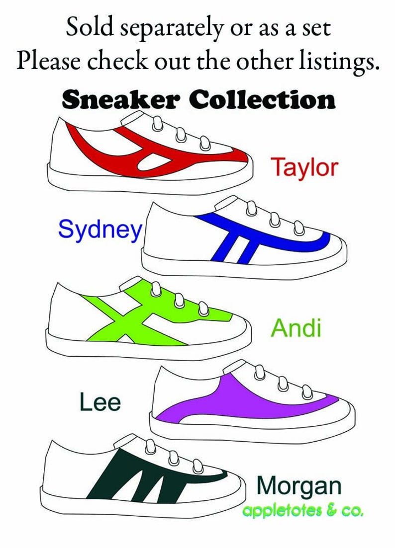 May include: Five pairs of sneakers with different colored accents. The sneakers are white with black outlines and laces. The accents are red, blue, green, purple, and black. The names of each sneaker are written below them: Sydney, Taylor, Lee, Andi, and Morgan.