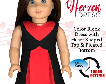 Puede incluir: Un patrón de costura PDF para un vestido de bloques de color con un top en forma de corazón y una falda plisada. El patrón está diseñado para muñecas de 45,7 cm y está etiquetado como fácil de hacer. El patrón se llama "Vestido Herzen".