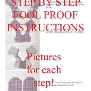 May include: A white page with step-by-step instructions for sewing. The text "STEP BY STEP FOOL PROOF INSTRUCTIONS" is in large red letters. Images of fabric pieces are shown, with the words "Pictures for each step!" in red.