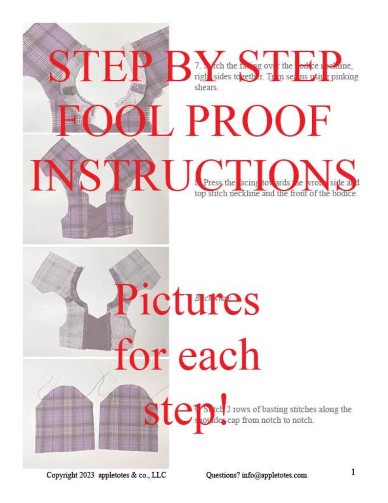 May include: A white page with step-by-step instructions for sewing. The text "STEP BY STEP FOOL PROOF INSTRUCTIONS" is in large red letters. Images of fabric pieces are shown, with the words "Pictures for each step!" in red.