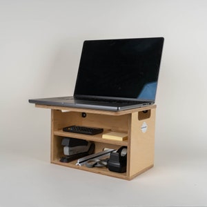 Laptop Shelf, ergonomic wood laptop stand with storage, birch plywood. Moves your screen up 9&quot; for optimal viewing height - back saver.