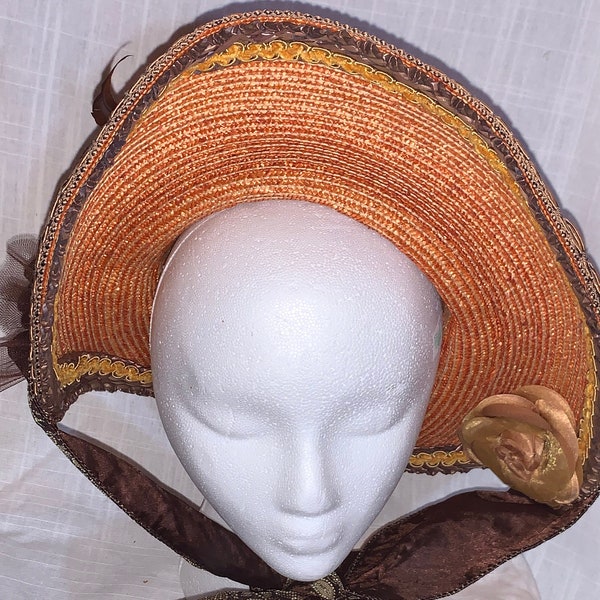 Handmade Orange Straw Spoon Bonnet with Brown Accents