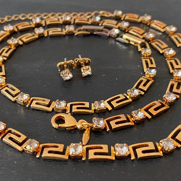 Vintage Rare Avon “Key of Life” 22ct Goldplate and Rhinestone Greek Key Necklace, Bracelet and Stud Earrings Jewellery Set