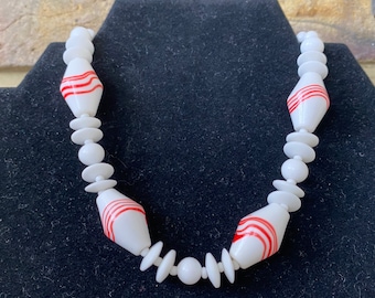 Vintage Signed Japan Mid-Century Red and White Milk Glass Beaded Choker Necklace