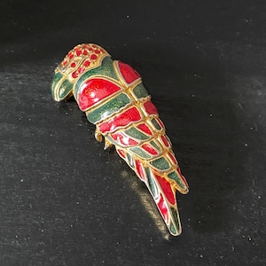 Vintage 1980s Red and Green Enamel, Red Rhinestone Parrot Bird Brooch, Vintage Jewellery