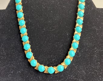 Vintage Crown Trifari 1960s Faux Turquoise Cabochon and Goldtone Choker Necklace