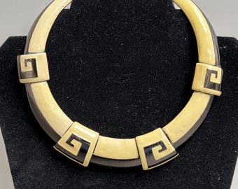 Signed Monet Enamel Collar Necklace, 1980s Art Deco Greek Keys Choker