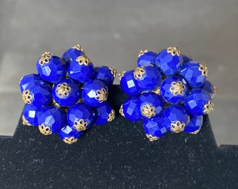 Vintage Mid-Century Blue Cluster Bead Clip-on Earrings, Vintage Jewellery