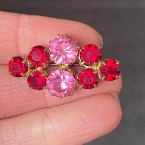 Vintage Red and Pink Rhinestone Paste Brooch, Mid-Century Vintage Jewellery