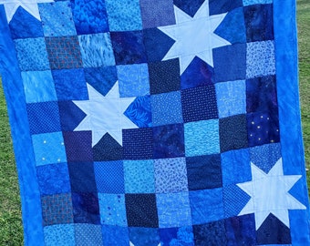 summer quilt, fourth of July quilt, star quilt, 4th of July quilt, blue quilt, white star quilt, lap quilt, crib quilt, small quilt, quilt