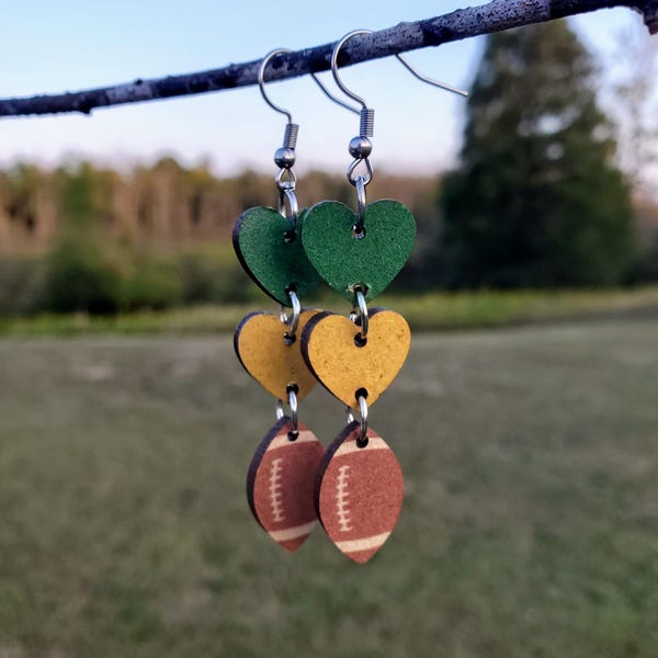 Packer earrings, football earrings, green and gold earrings, green bay packer earrings, packer jewelry, green bay packer jewelry, packers