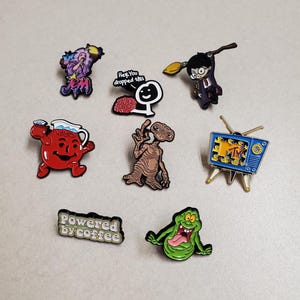 nostalgia pins, retro pins, unique pins, 80s pins, tv series pins, 90s pins, nostalgic pins, Kool-Aid pin, MTV Pin, E.T. Pin, Ghostbusters