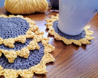 Sunflower coasters, sunflower decor, sunflower gift, coasters, flower coasters, sunflower design, crochet sunflower, sunflower coaster