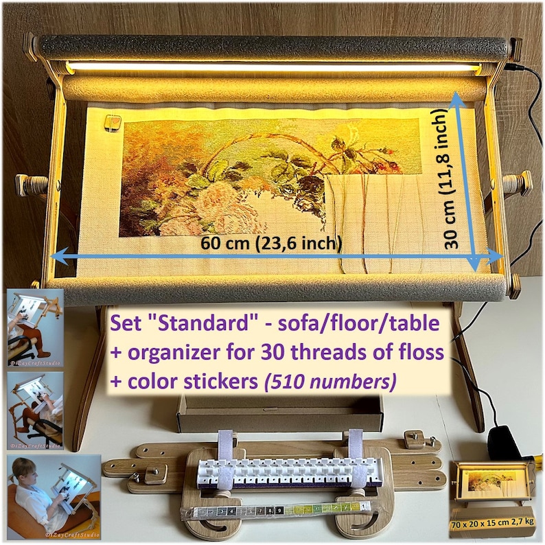 Puede incluir: Un marco de punto de cruz de madera con una luz, un organizador de hilos y pegatinas de colores. El marco mide 60 cm de ancho y 30 cm de alto. El conjunto incluye un organizador para 30 hilos de hilo dental y 510 pegatinas de colores.