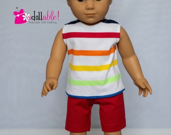 Fits like American boy doll clothes/ 18 inch boy doll clothes/ Primary Colors Tee with Red Knit Shorts
