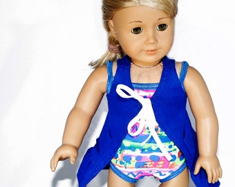 Fits like American Girl doll clothes/ 18 inch doll clothes/ Royal Blue/Pink/White Swimming Suit and Royal Blue Coverup