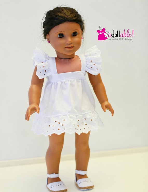 18 Inch Doll Dress, White Eyelet Cotton, Handmade Ruffled Straps