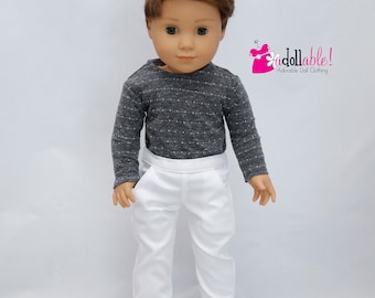 Fits like American boy doll clothes/ 18 inch boy doll clothes/ Gray Flecked Tee and White Long Pants