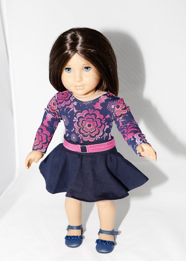 Fits like American Girl doll clothes/ 18 inch doll clothes/ Navy Floral Top with Navy Skater Skirt image 3